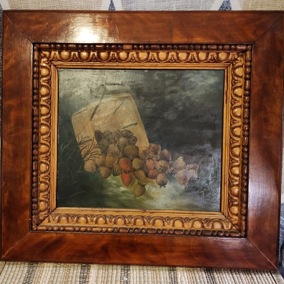 Handmade Wall Decor Vintage Still Life Painting Of Berries In A Bueatiful Handcarved Wood